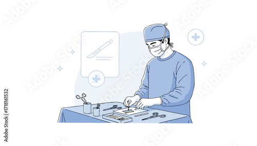Surgeon meticulously prepares surgical instruments for operation.