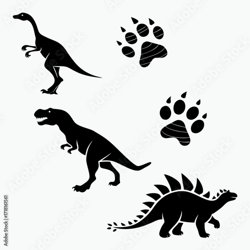 Three Dinosaur Silhouettes and Three Dinosaur Paw Print Illustrations