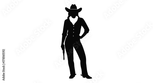 Silhouette of a woman wearing a cowboy hat and western clothing
