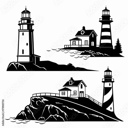 Two black and white lighthouse illustrations with coastal elements Keywords: lighthouse, coast