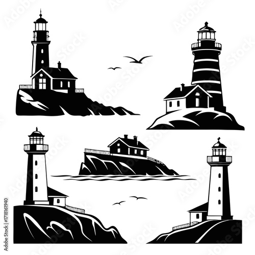 Various lighthouses on coastal cliffs with seabirds
