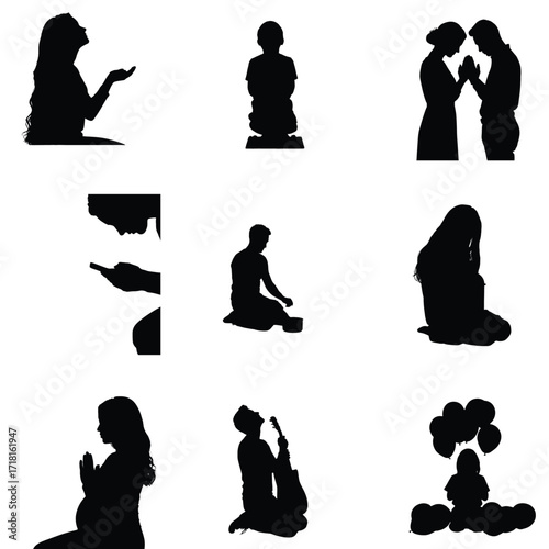 Diverse silhouettes showcase human emotions and activities including love prayer music technology and childhood innocence against white