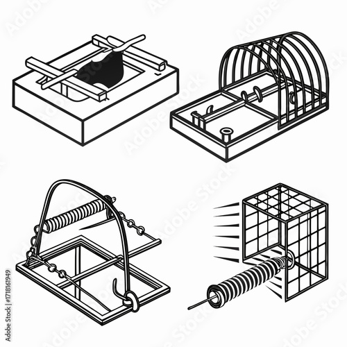 Various Rodent Traps and a Wire Cage Illustration mouse