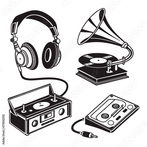 Vintage music players and headphones illustration gramophone