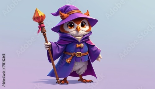 Enchanting Stylish Owl Wizard in Fantasy Setting Magical Realm Digital Art Whimsical Colorful Environment