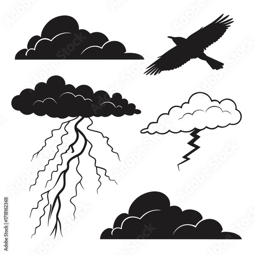 Weather icons with bird lightning and clouds Keywords: weather, icon, bird, lightning, cloud