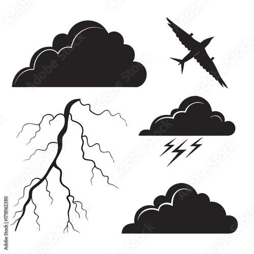 Weather icons with bird lightning and clouds Keywords: weather, icon, bird, lightning, cloud