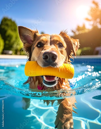 Dog playing with a toy in a pool on a sunny day