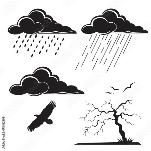 Weather Icons With Clouds Rain Tree And Birds storm