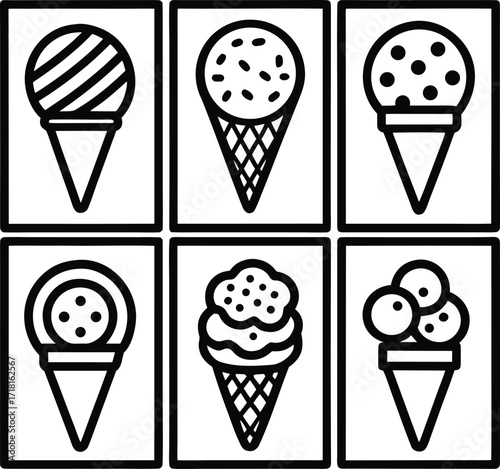 Six simple line art ice cream cones variety of styles including stripes dots and swirls for sweet treat fun