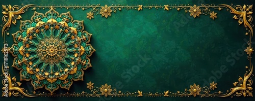 Golden mandala with floral details on dark green Islamic background , ornament, muslim