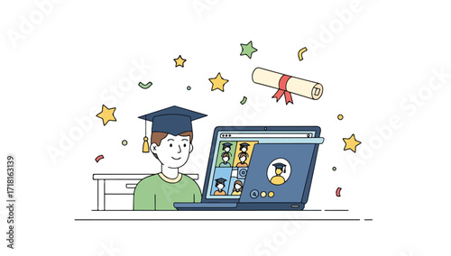 Smiling student in graduation cap participates in virtual graduation ceremony on laptop.
