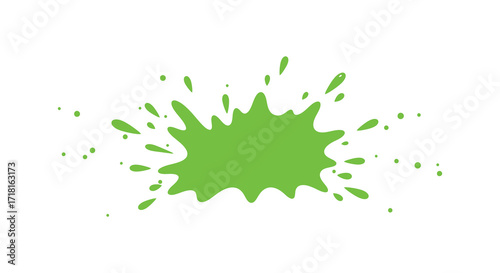 A vibrant green paint splash with scattered droplets on a white background