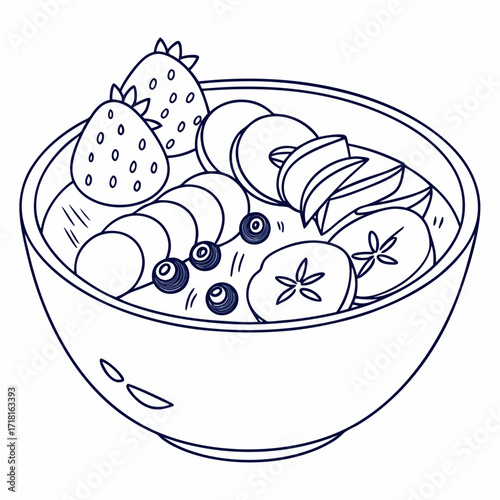 Black and white illustration of a fruit bowl with strawberries, bananas, and blueberries