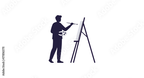 Silhouette of an artist painting on a canvas with an easel