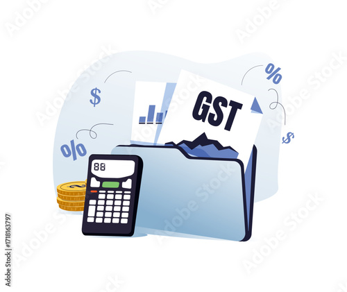 GST concept illustration. Goods and Services Tax abbreviation with financial and business icons, symbolizing taxation