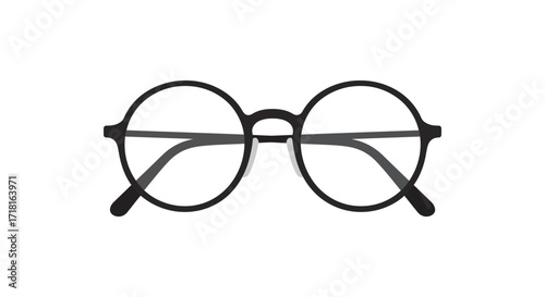 Simple illustration of black round eyeglasses resting on a white background