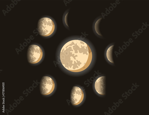 Crescent moon phases at night sky. Modern color vector sequence illustrations showing the moon from new, waning