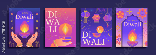 Set Diwali greeting festival flyers with mandala,hands with candle and fire,lanterns,fireworks.Indian festival of lights. Template design with diya lamp for web,social media, poster,card,banner.Vector