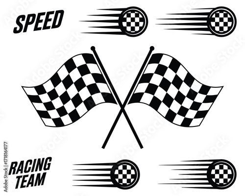 Vector collection of racing and speed graphic elements, featuring iconic crossed checkered flags and dynamic blurred wheel illustrations, ideal for motorsport design