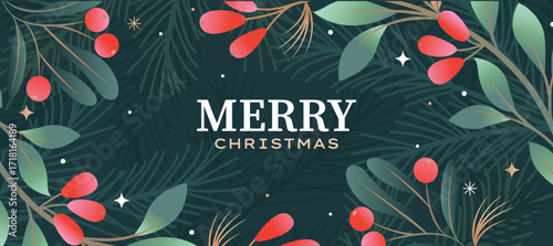 Christmas horizontal greeting card with mistletoe, red berries and wishing happy holiday. Christmas traditional decoration. Template design for web, posters, banners, social media. Vector illustration