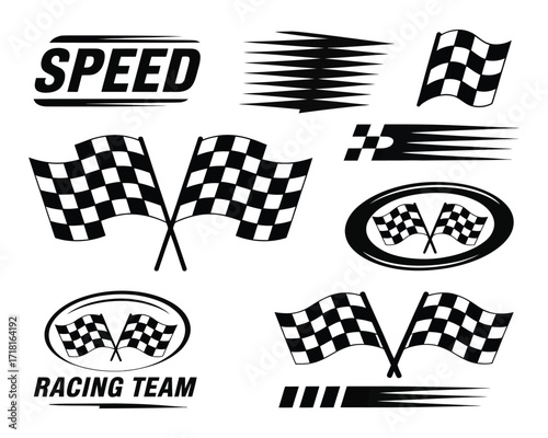 Collection of monochrome motorsport symbols featuring two crossed checkered flags, speed motion lines, and racing emblems for competition design