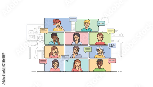 Illustration depicting a virtual meeting with diverse individuals communicating remotely, using technology.
