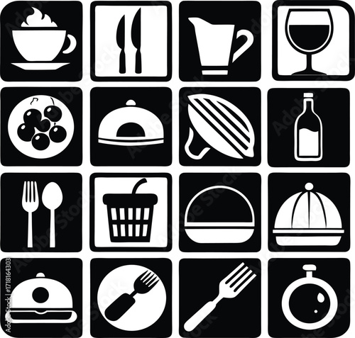 Culinary icons set food drink utensils kitchenware restaurant cafe bar catering service hospitality industry gastronomy