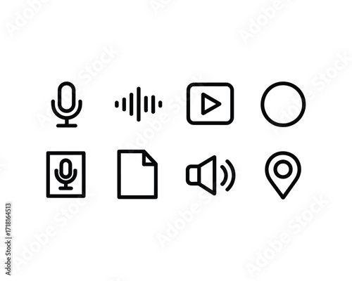Clean and simple black and white silhouette icons representing audio, media, and location functions