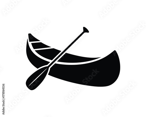 Black and white vector illustration of a canoe with a paddle, perfect for travel and outdoor activity designs