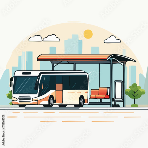 A modern bus stops at a bus stop shelter in a city with buildings in the background.