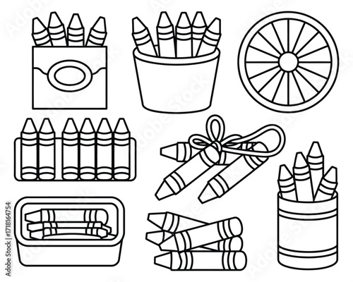 Collection of black and white line art illustrations of crayons and a pencil sharpener, perfect for art and craft projects, coloring books, and educational materials