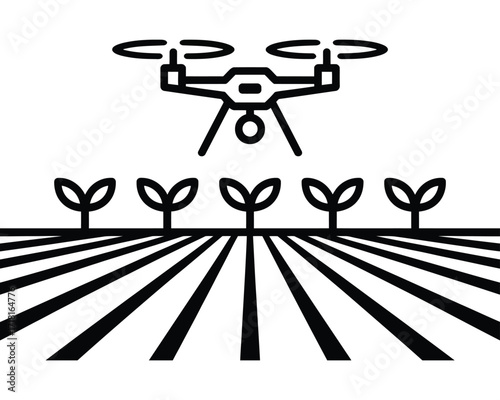 Modern agriculture technology drone monitoring crops in a field, conceptual black and white graphic illustration for farming innovation