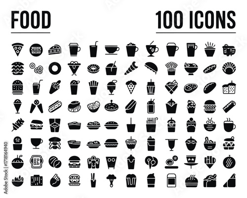 100 Food Icons Black Silhouette Illustrations