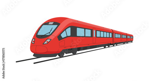 A bright red modern passenger train travels along the railway tracks
