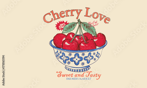 Organic food artwork for for t-shirt. Cherry bowl drawing. Cherry love. Cherry fruit print.