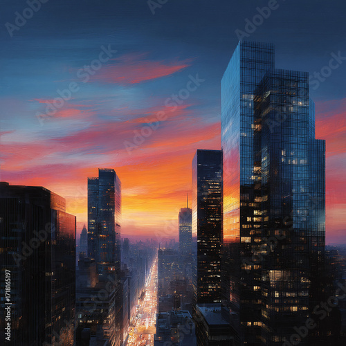 Urban skyline at sunset. Majestic cityscape featuring modern skyscrapers against a vibrant, colorful sky. Ideal for business, travel, or aspirational themes.