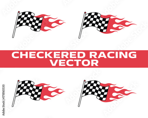 Vector illustration set featuring flaming checkered flags, a dynamic symbol for motorsport, speed, and competition