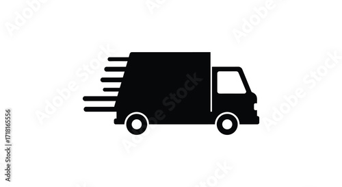 Simple black silhouette of a delivery truck speeding forward with motion lines