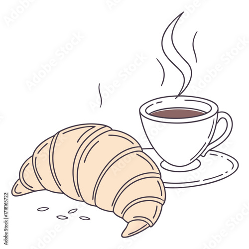 A croissant and a cup of coffee, soft colors