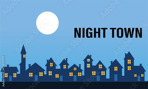 vector illustration of night town view wth moon