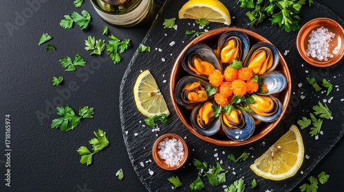 Wallpaper Mural Mussels bowl gourmet seafood with orange caviar in copper dish on dark slate premium restaurant presentation with fresh herbs Torontodigital.ca