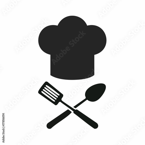 Chef hat with crossed spatula and spoon.