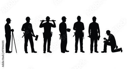 Silhouettes of construction workers in various poses against a white background