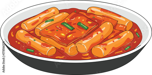 A delicious bowl of Korean Tteokbokki with rice cakes and fish cakes in a spicy red sauce, presented as a vector illustration.