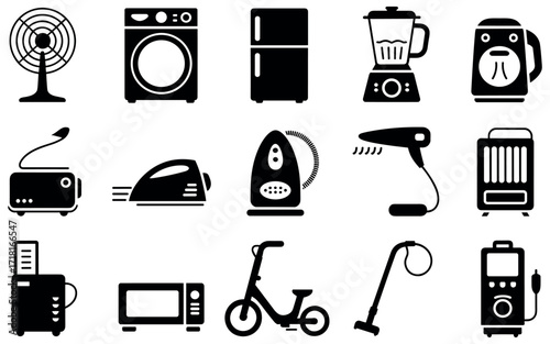 Assortment of Household Appliances: A minimalist illustration showcases a diverse collection of essential home appliances. Each appliance is depicted in sleek, simple style.