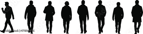 Silhouettes of men walking in winter clothing, urban pedestrian figures, vector illustration for city life and design