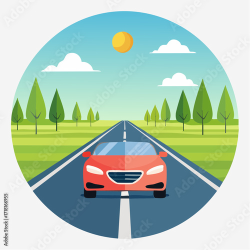 A red car drives down a straight road through a green landscape under a sunny sky.