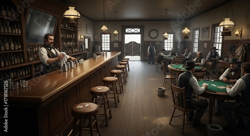 Vintage Western Saloon Interior with Patrons and Bartender.
