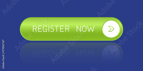 Modern green rounded CTA button with shine, "Register now" text, arrow icon, blue background, web UI element for landing pages, mobile apps or banners.